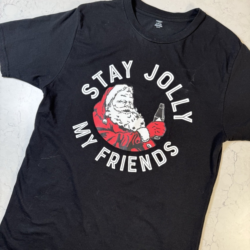 Holiday‎ Time Mens Womens Black T-Shirt STAY JOLLY MY FRIENDS Santa Christmas S